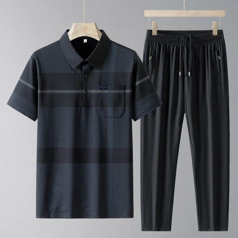 Simplicity Summer Ice Silk Pants & Polo Set - Casual Men's Drawstring - Buy Center US
