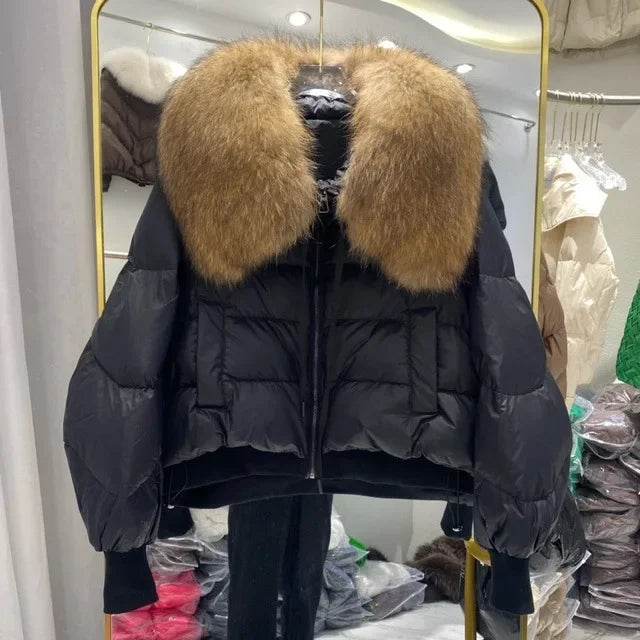 Women's Winter Down Jacket - Cropped Style with Fox Fur Collar - Buy Center US