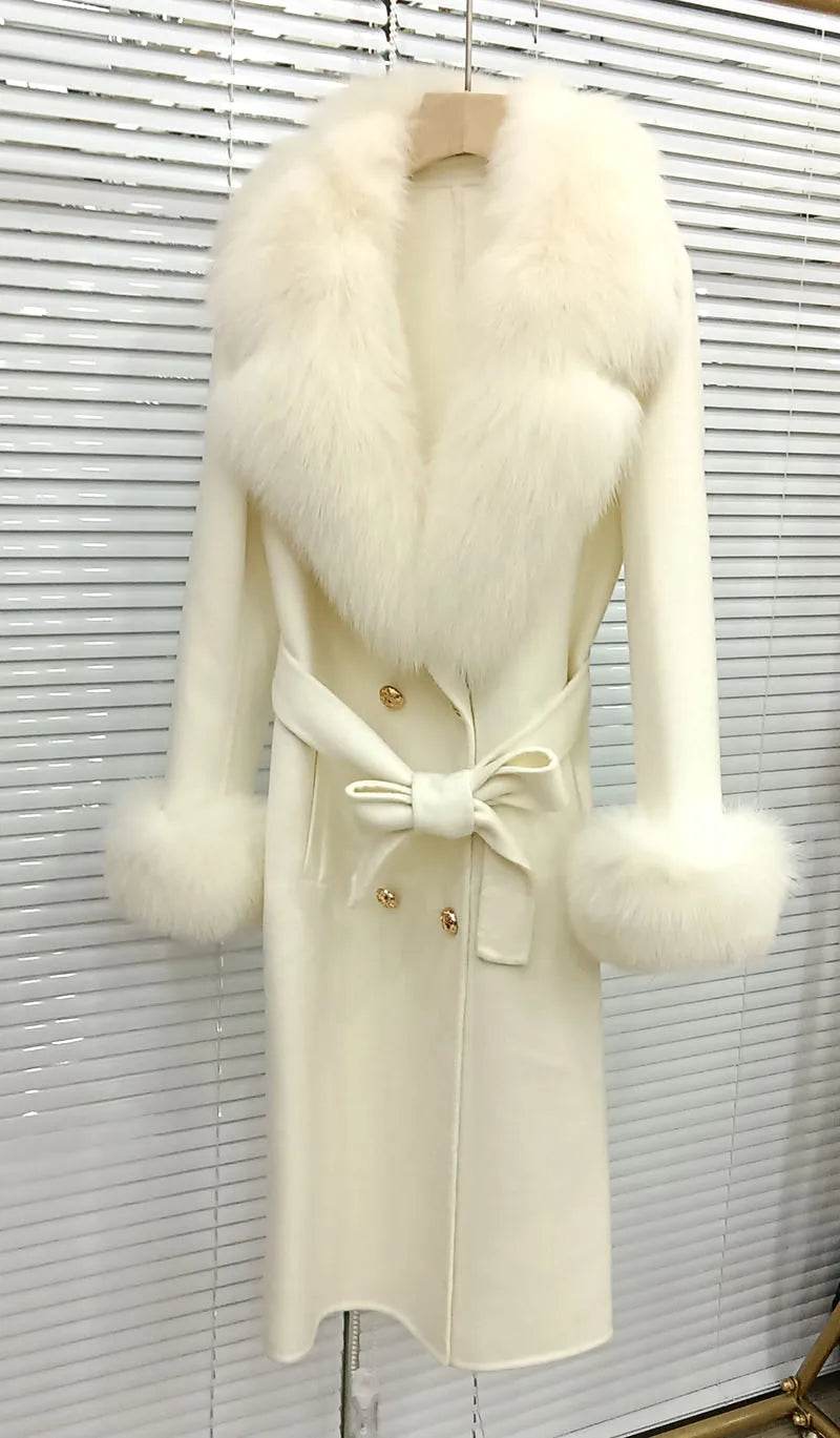 HSPLC Women's Long Wool Blended Coat with Fox Fur Collar - Winter Fashion - Buy Center US