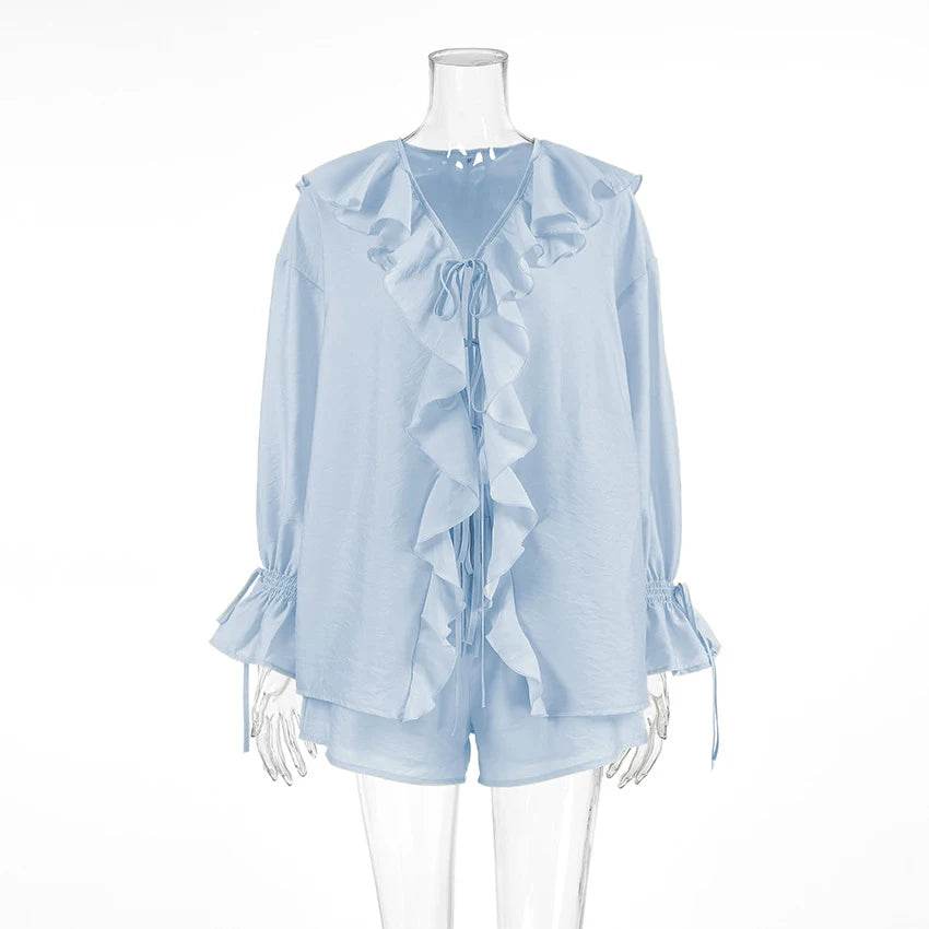 Tornova Women's Ruffled Shorts Set - V Neck Lace Up Casual Style - Buy Center US