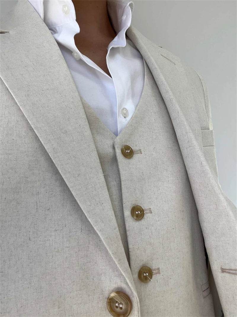 Tunetak Men's 3-Piece Linen Suit - Slim Fit Beige Blazer & Vest Set - Buy Center US