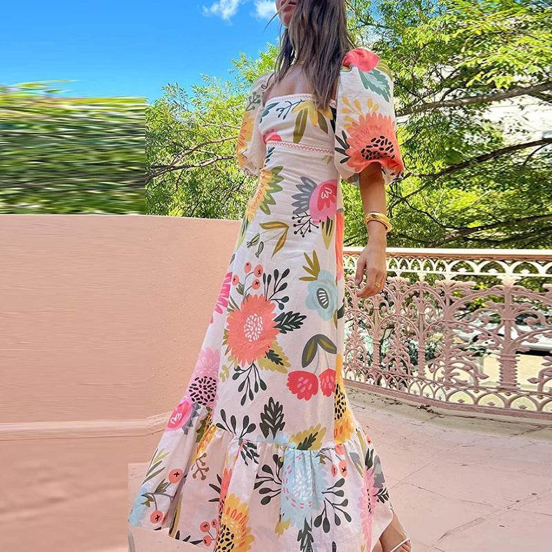 VIEUNSTA Floral Print Summer Dress - Square Neck & Long Sleeve - Buy Center US