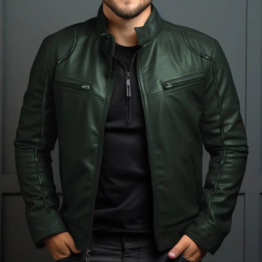 Donsignet Men's Biker Leather Jacket - Casual Stand-up Collar Design - Buy Center US