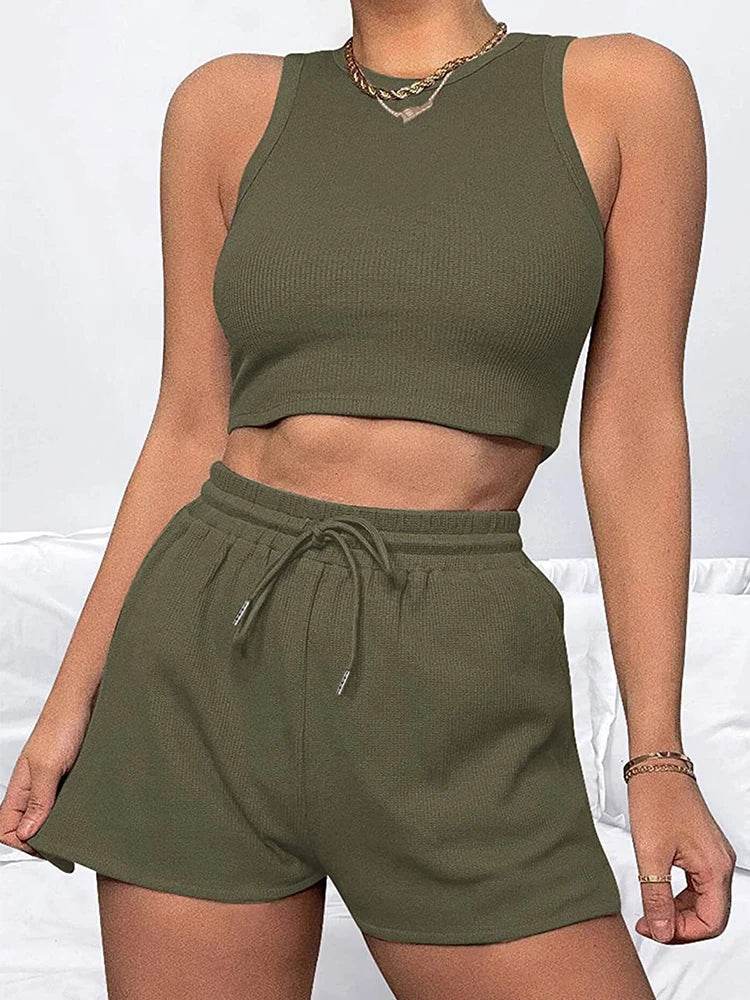 Elegant Women's Two-Piece Set - Sleeveless Waffle Vest & Shorts - Buy Center US