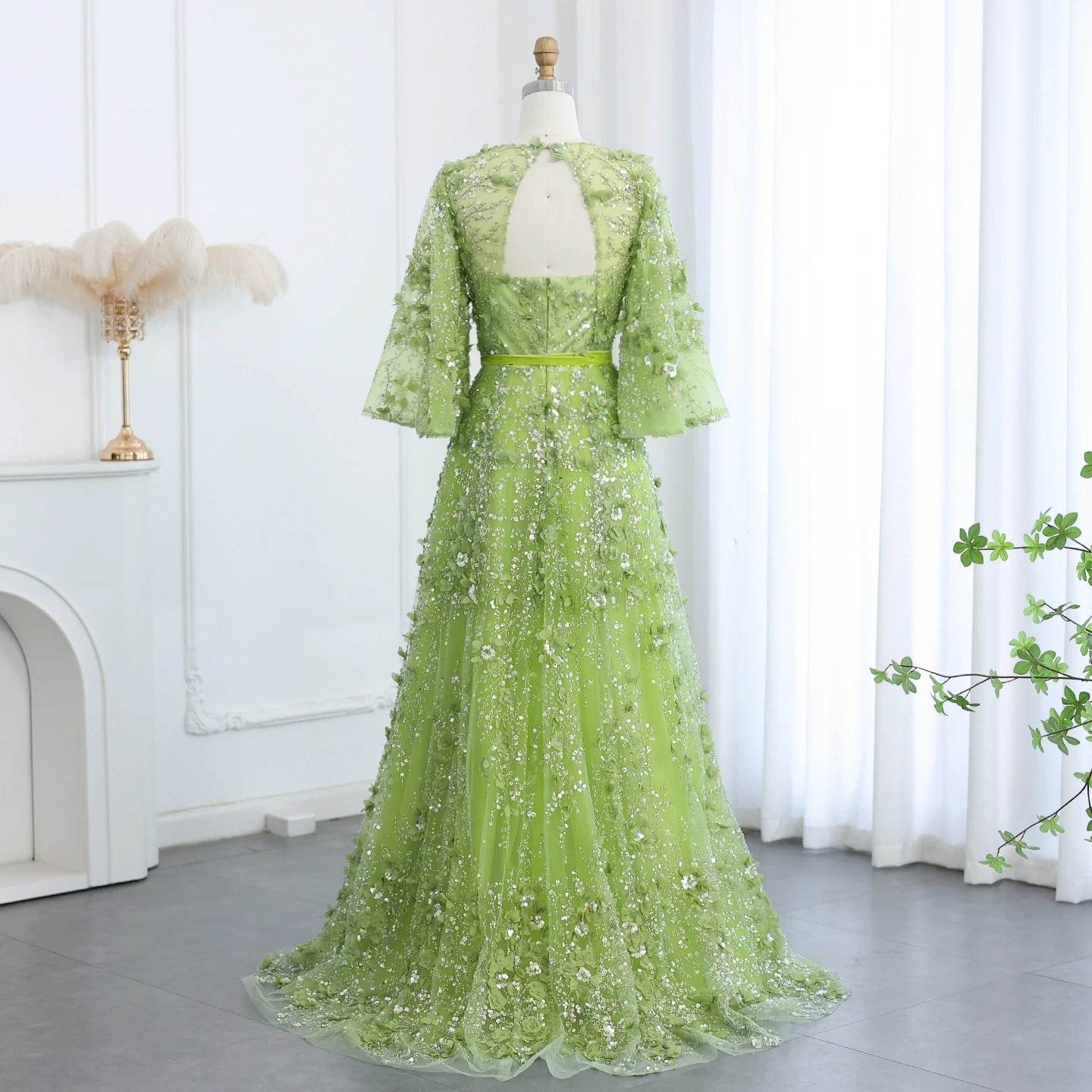 Sharon Said Green 3D Embroidered V-neck Evening Dress for Women - Buy Center US