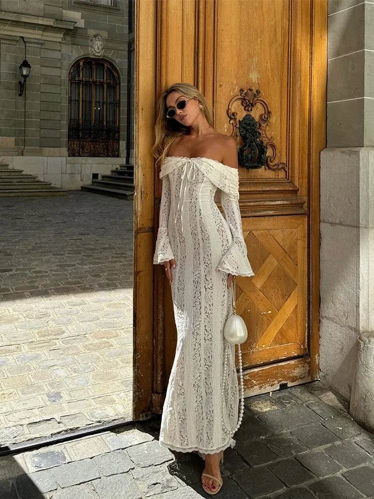 Women's Lace Up Flared Maxi Dress - Elegant Summer Beach Outfit - Buy Center US