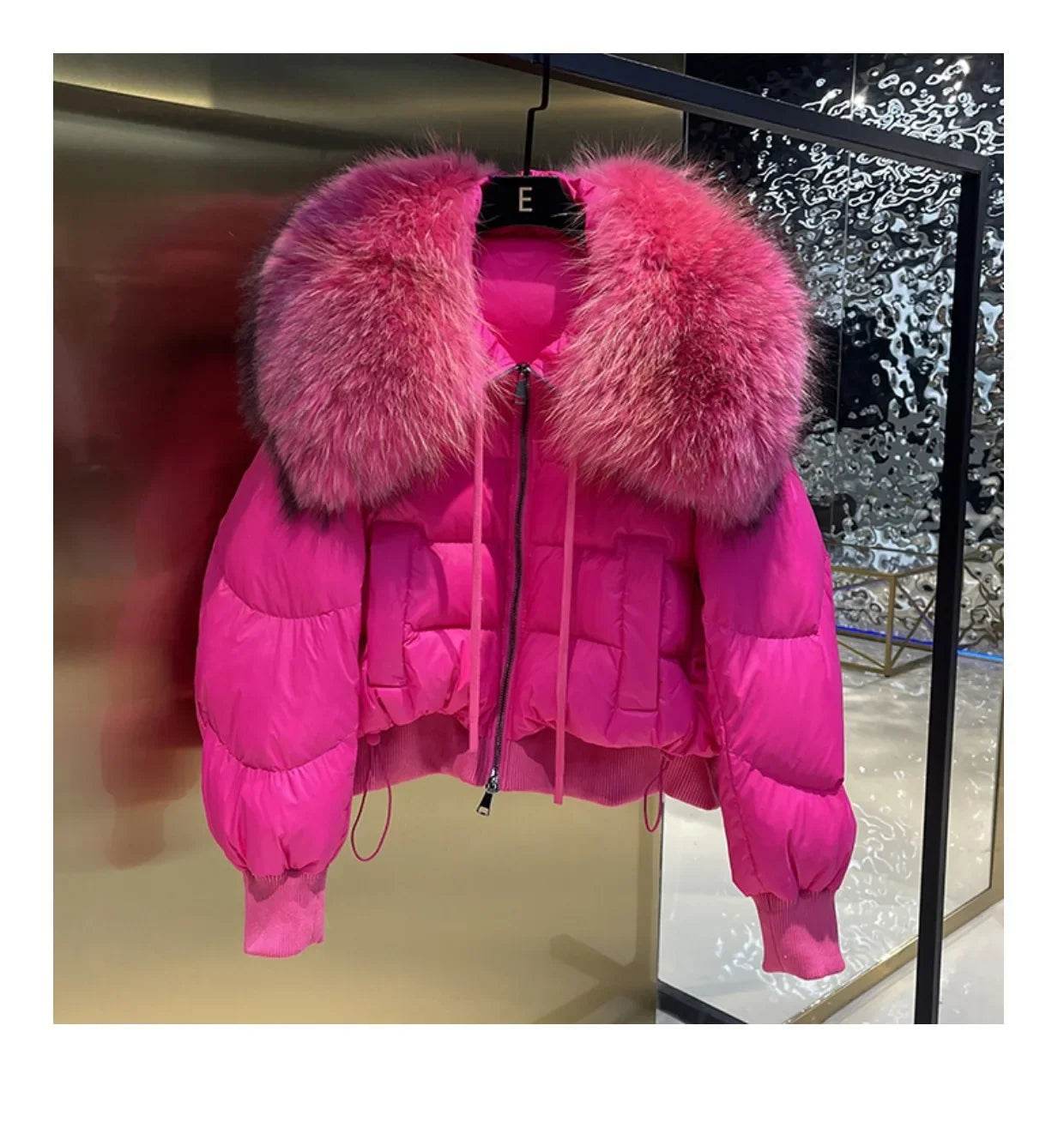 Women's Winter Down Jacket - Cropped Style with Fox Fur Collar - Buy Center US