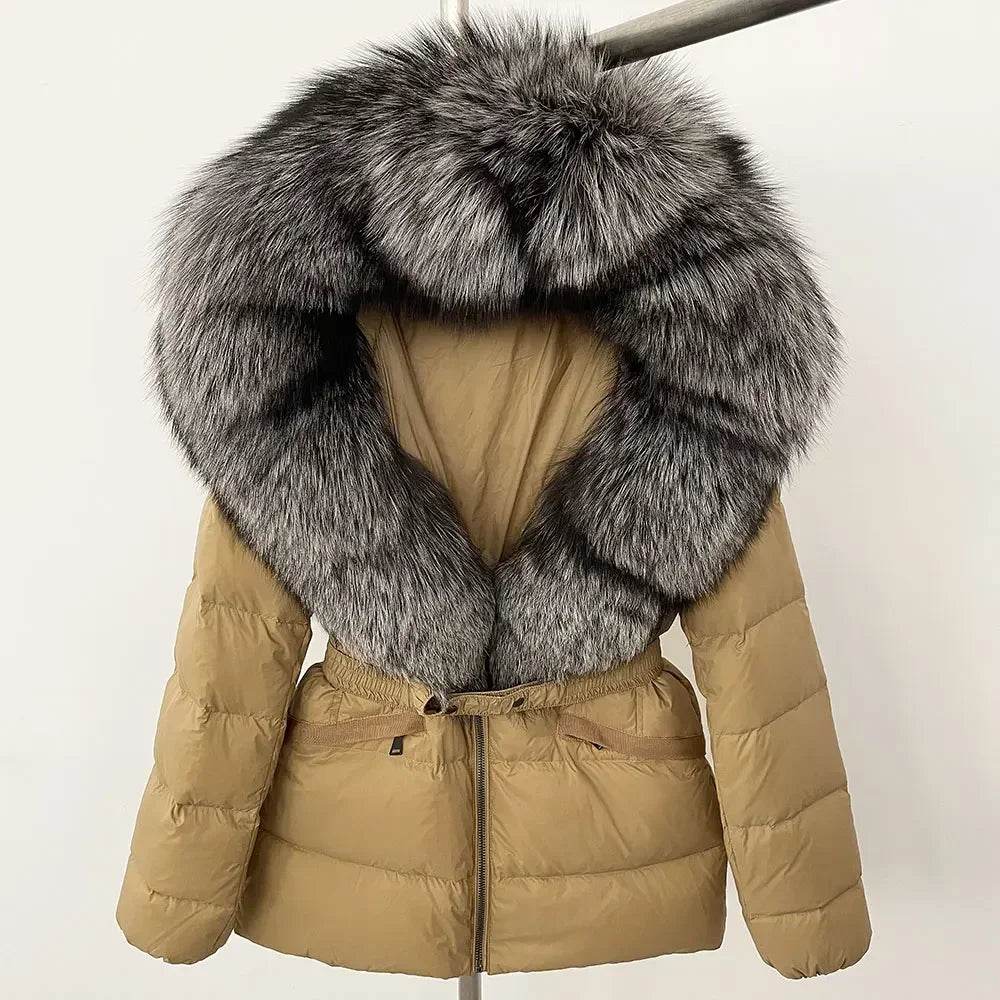 Women's Hooded White Duck Down Coat - Real Raccoon Fur Collar - Buy Center US
