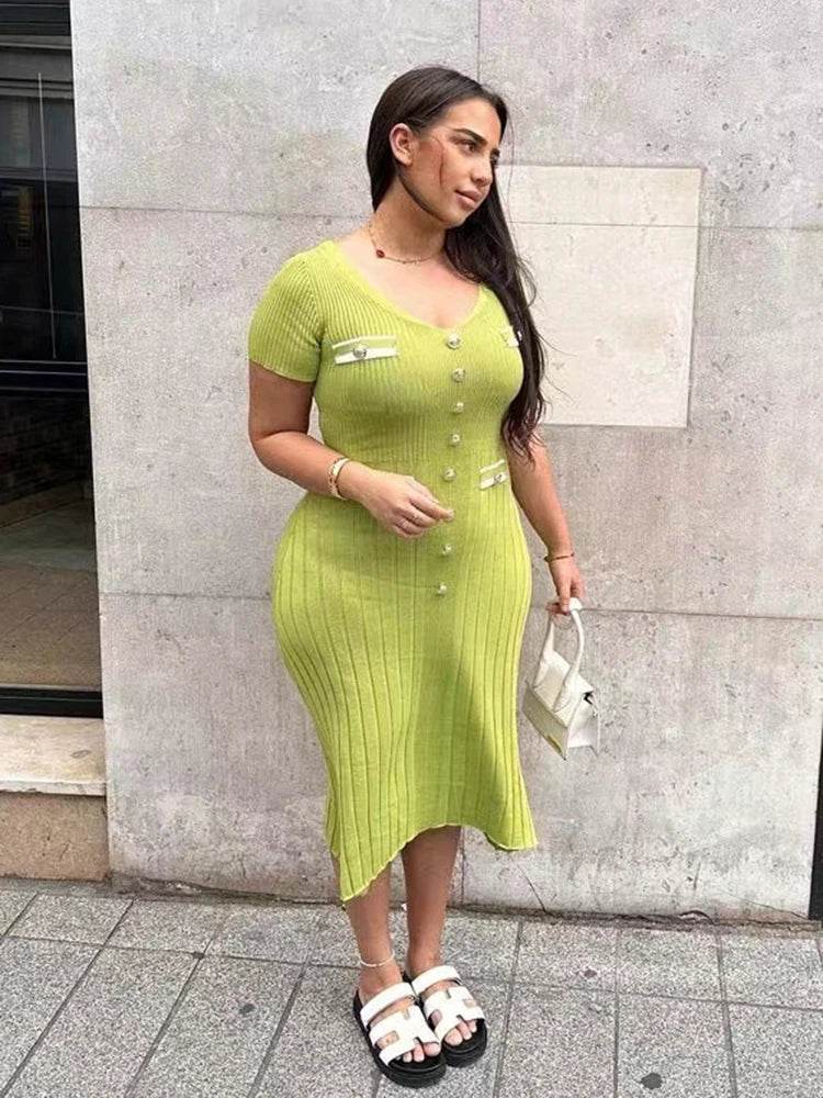 Elegant Office Lady Knitted Dress - Short Sleeve V-Neck Style - Buy Center US