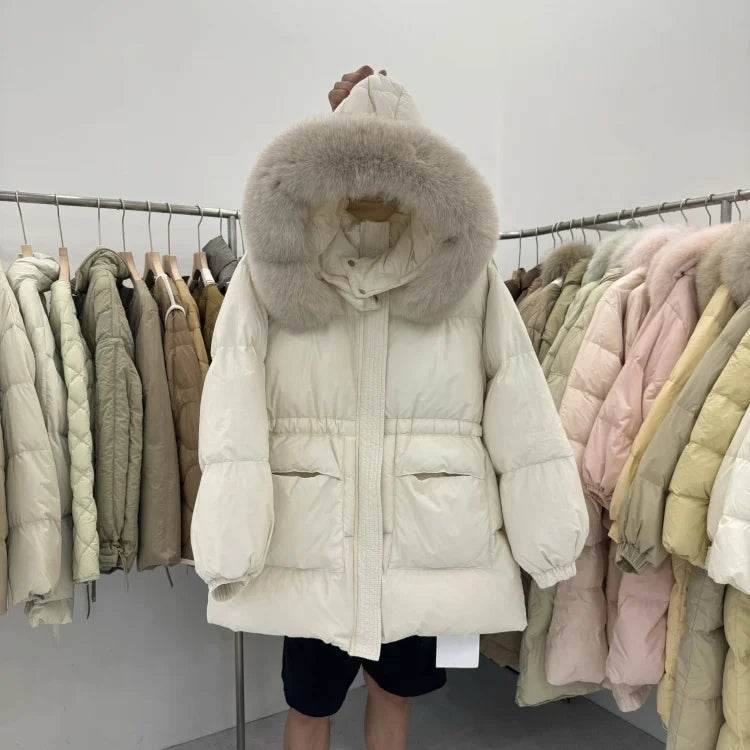 LAJWMPLX Women’s Winter Puffer Coat - Real Raccoon Fur Hood, Waterproof - Buy Center US