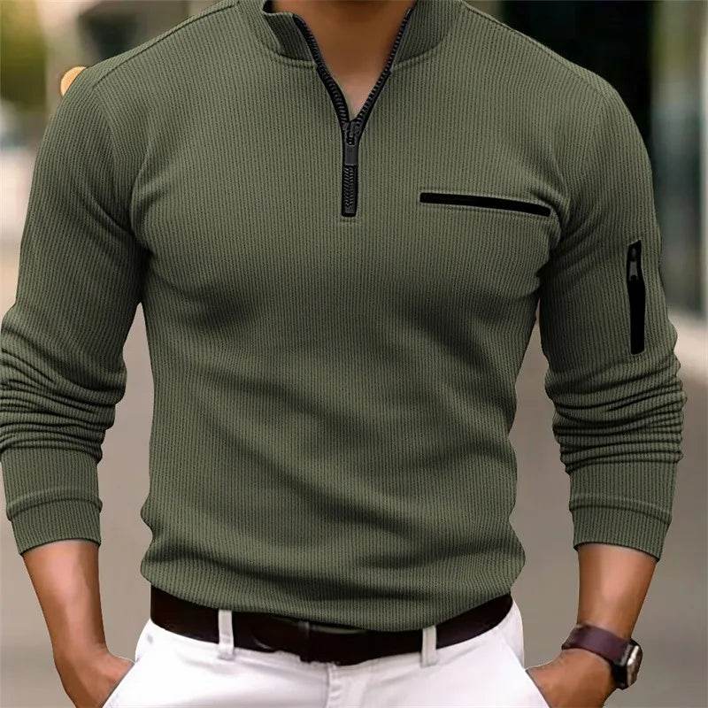 Striped Zipper Polo Shirt for Men – Casual Long Sleeve Office & Leisure - Buy Center US