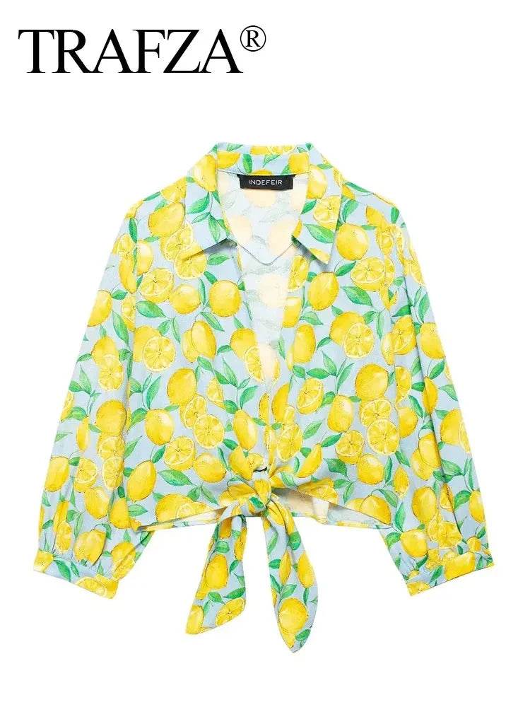 TRAFZA Lemon Print Summer Shorts Set - Casual Lace-up Blouse & Shorts - Buy Center US