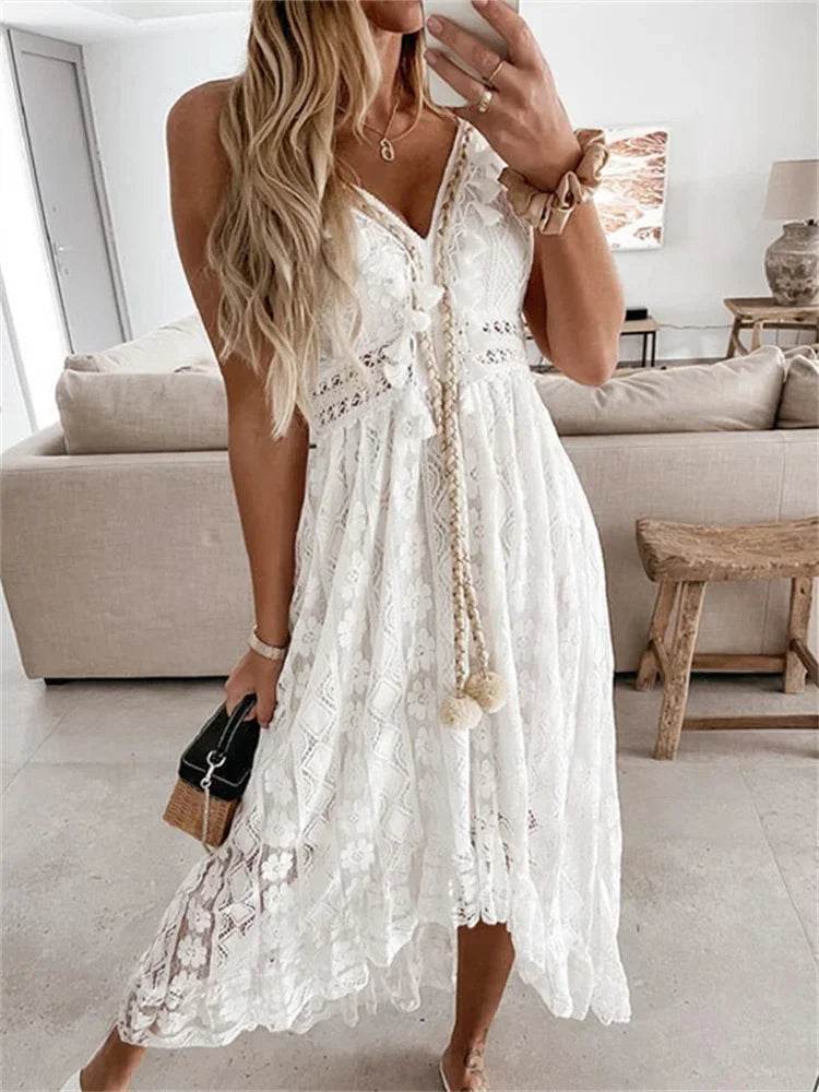 Hirigin Women’s White Lace Dress - Sleeveless V-Neck Beach Holiday - Buy Center US