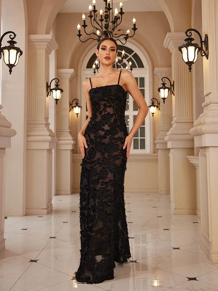 Mingmingxi Black Appliques Maxi Dress - Elegant Formal Party Gown - Buy Center US