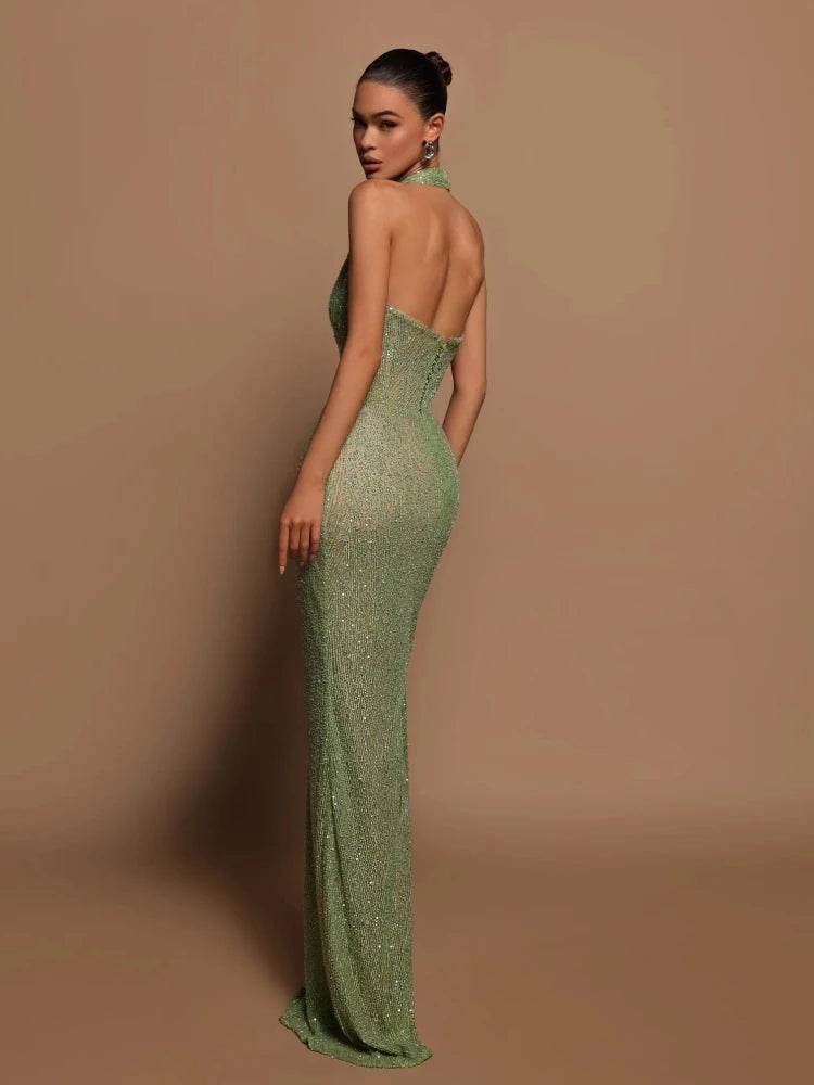 Green Maxi Dress for Women - Sexy V Neck Sleeveless Sequined Gown - Buy Center US