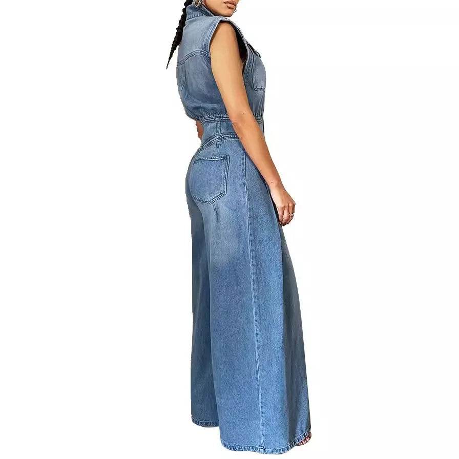 Kalenmos Women's Summer Denim Jumpsuit - High Waist, Wide Leg Style - Buy Center US