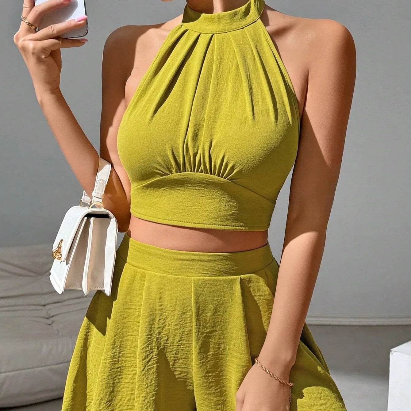 Chic Women Summer Shorts Set - Halter, Lace-up, Solid Chiffon - Buy Center US