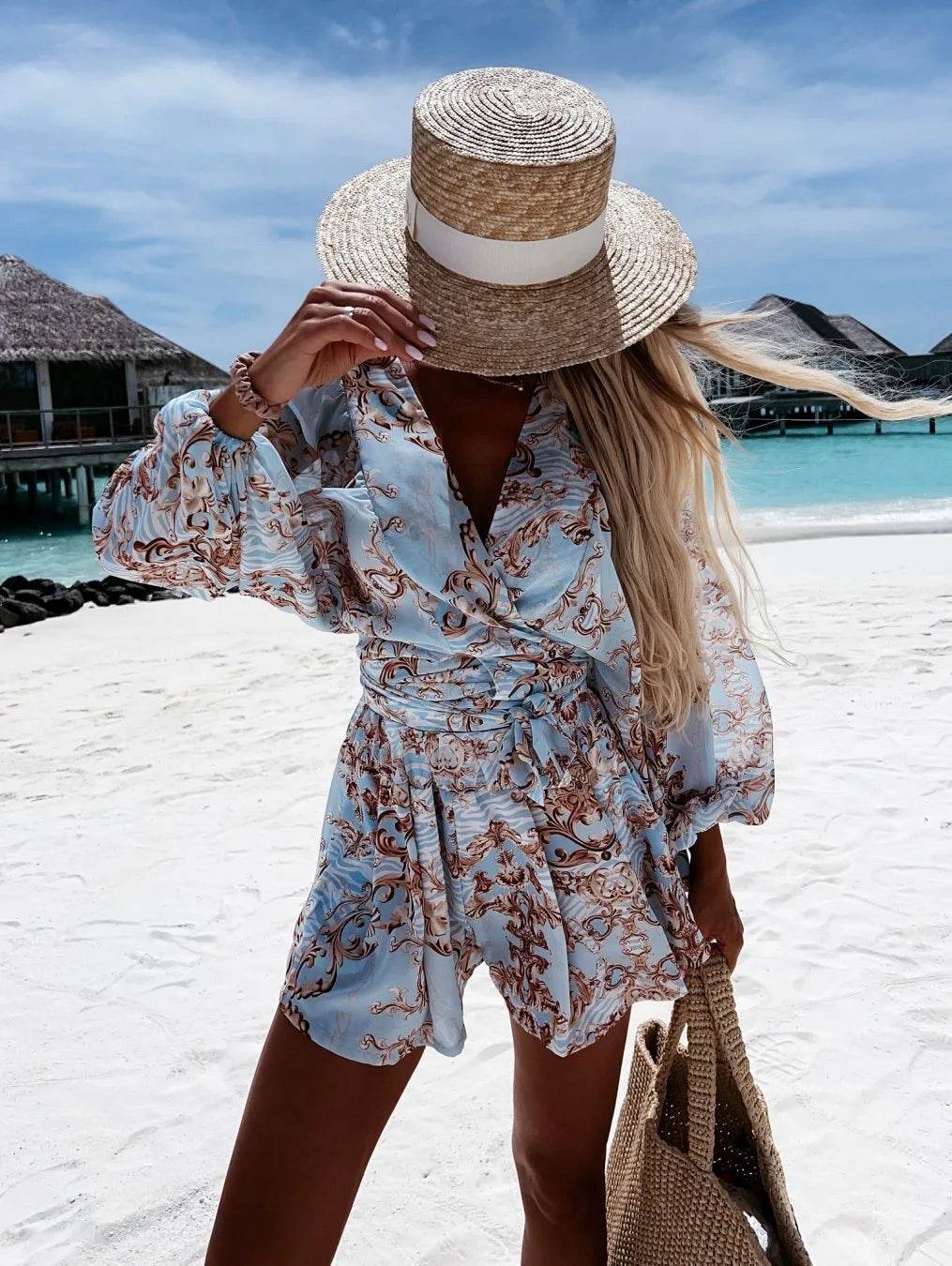 Summer Boho Deep V Neck Set - Casual Lantern Sleeve Top & Shorts - Buy Center US