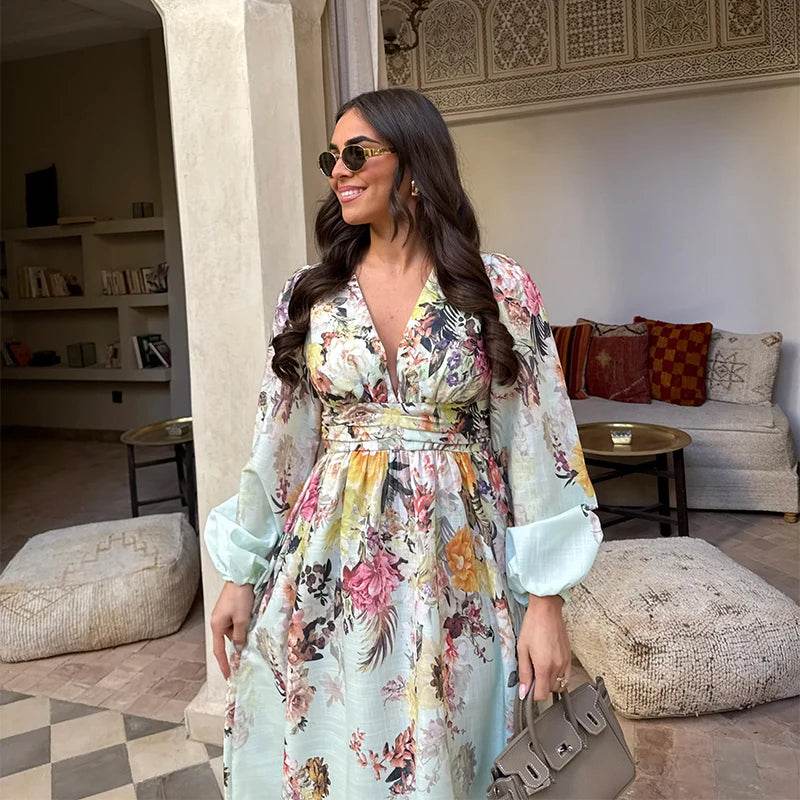 Chic Floral Print Women's Dress - Elegant V-Neck & Lantern Sleeves - Buy Center US