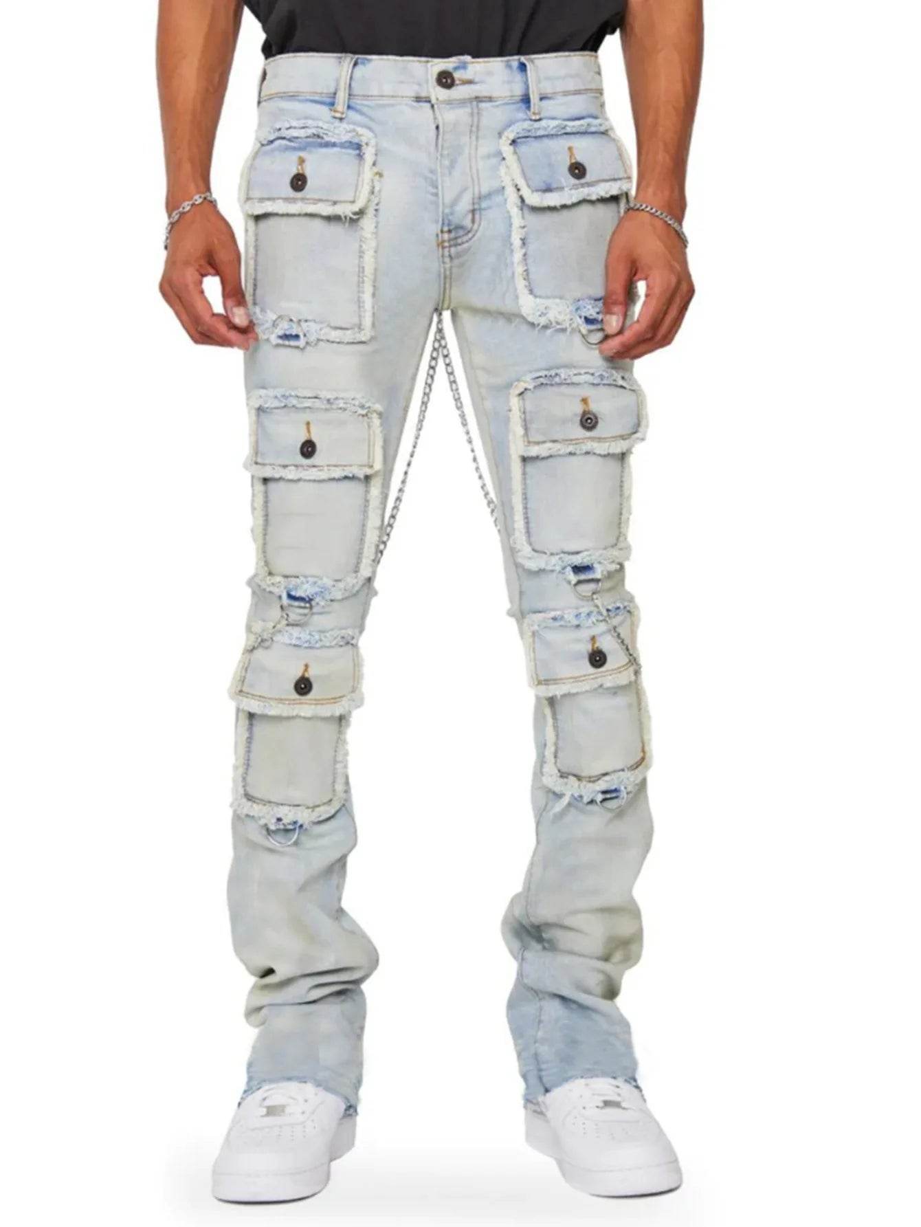 Kalenmos Men's Mid Waist Straight Jeans - Stylish Patchwork Cargo Design - Buy Center US