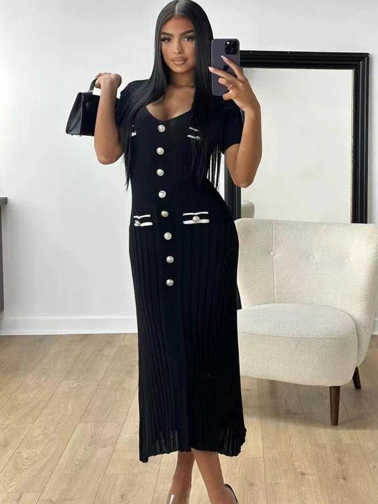 Elegant Office Lady Knitted Dress - Short Sleeve V-Neck Style - Buy Center US