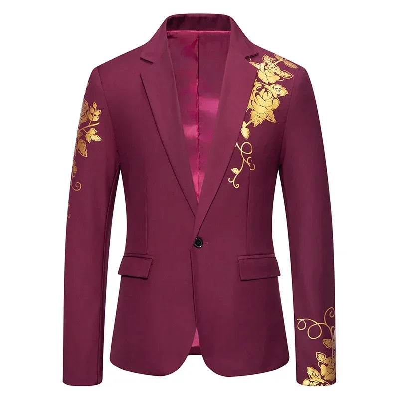 Stylish Men's Wedding Blazer - Black/White/Royal Blue Rose Print - Buy Center US