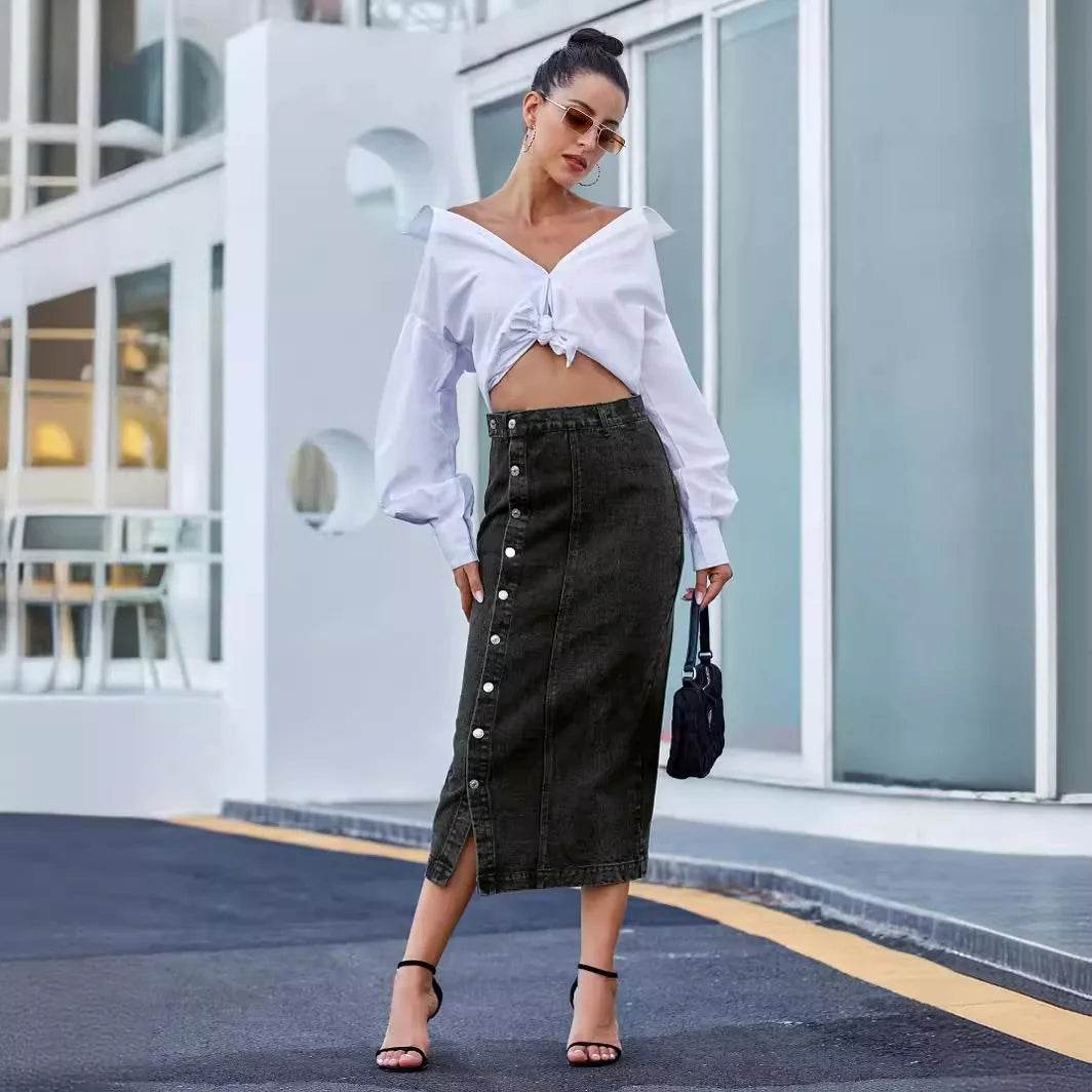 ILUKiss Casual High Quality Denim Maxi Skirt for Women - A-Line Style - Buy Center US