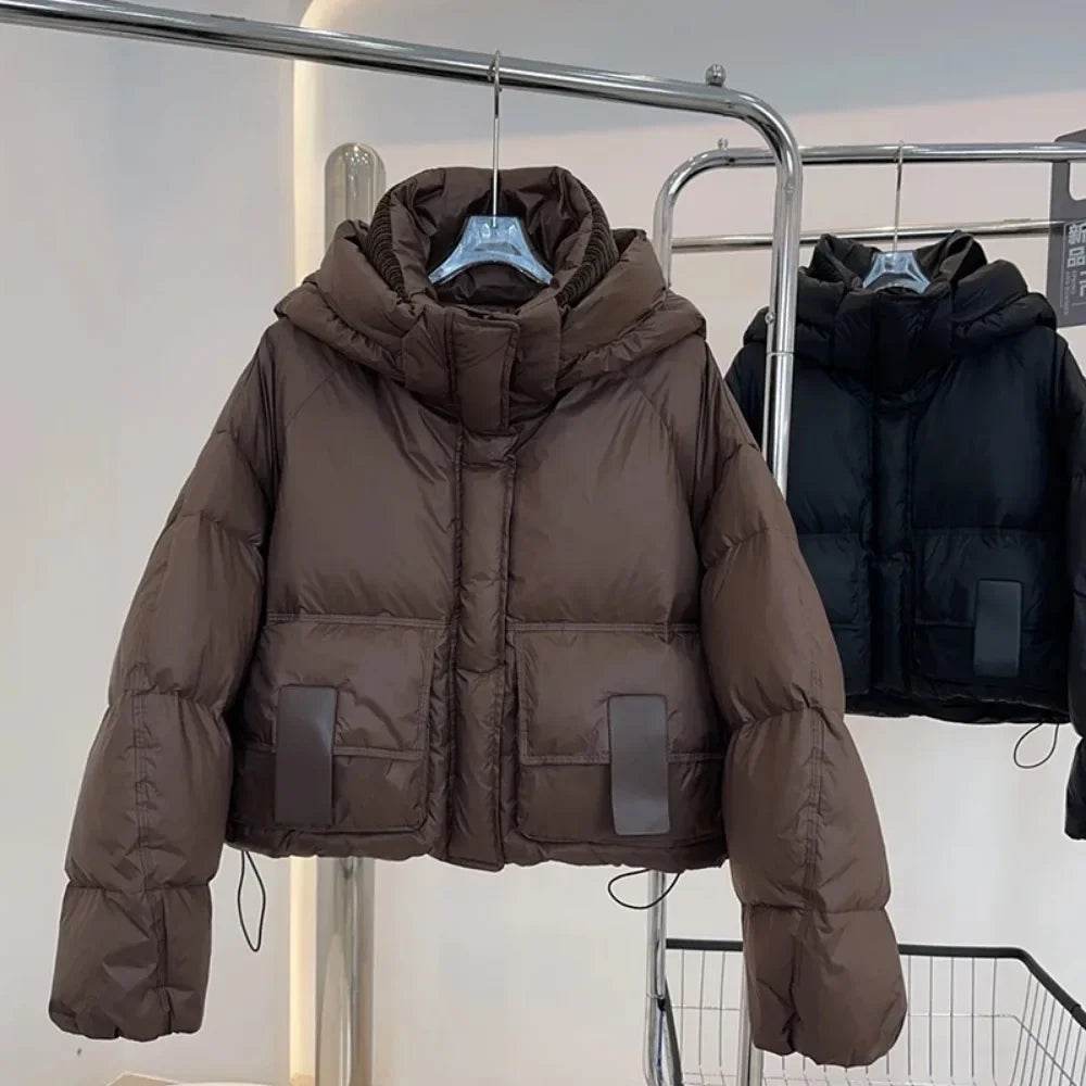 Stylish Women's Cropped White Duck Down Puffer Jacket - Winter 2024 - Buy Center US