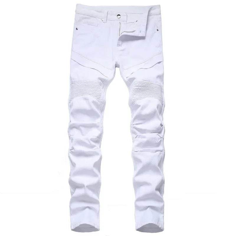 Men's Fashion White Motorcycle Jeans - Casual Straight Fit Denim Pants - Buy Center US