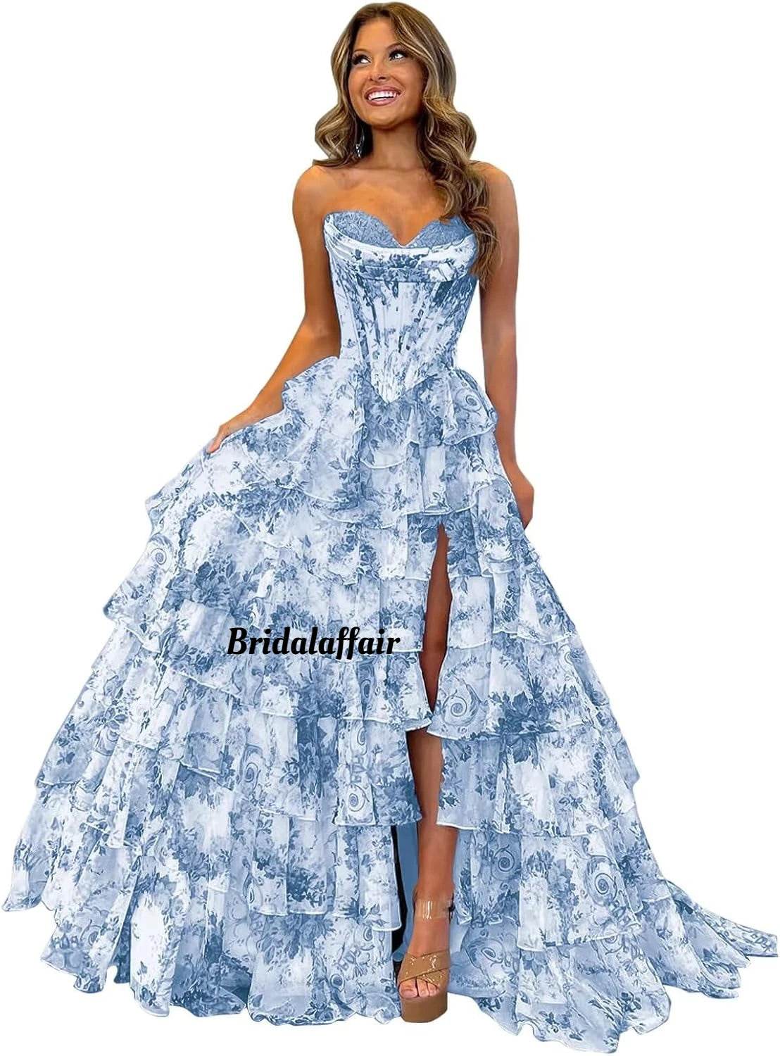 Strapless Floral Tiered Prom Dress - Sweetheart Neckline, A-Line Design - Buy Center US