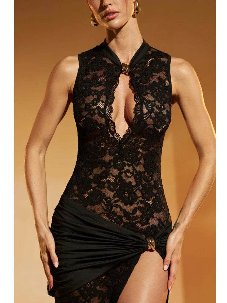 Fantoye Elegant Maxi Dress - Sexy Lace Hollow Slit for Parties - Buy Center US