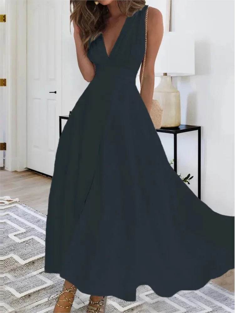 Elegant White Boho Maxi Dress for Women - Deep V Neck, Sleeveless - Buy Center US