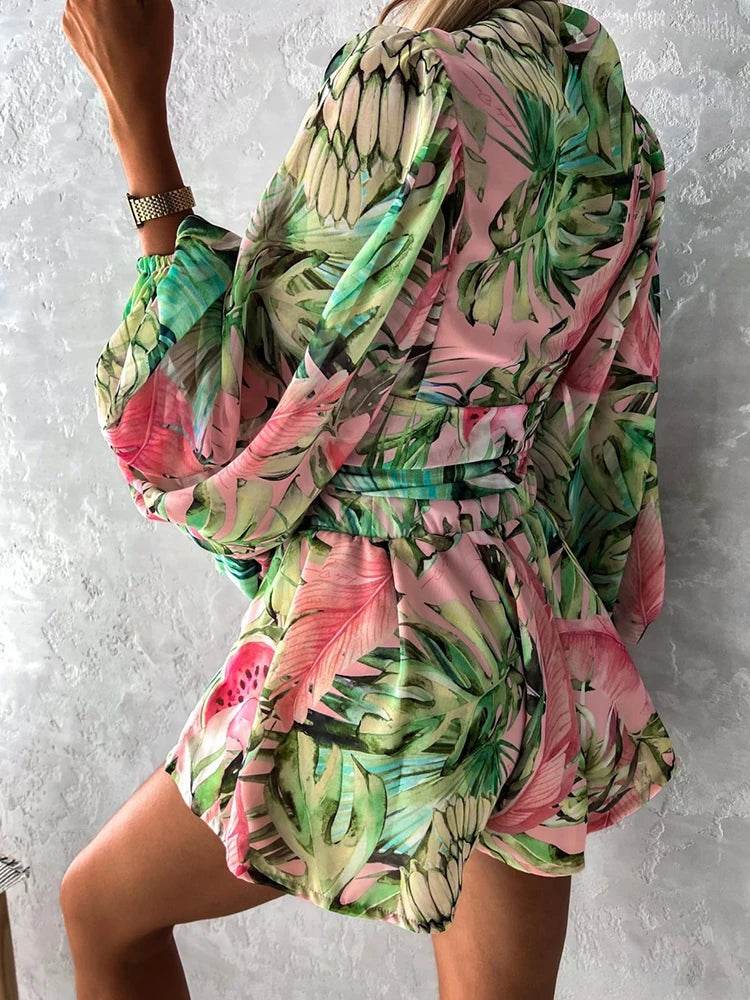 Summer Boho Deep V Neck Set - Casual Lantern Sleeve Top & Shorts - Buy Center US