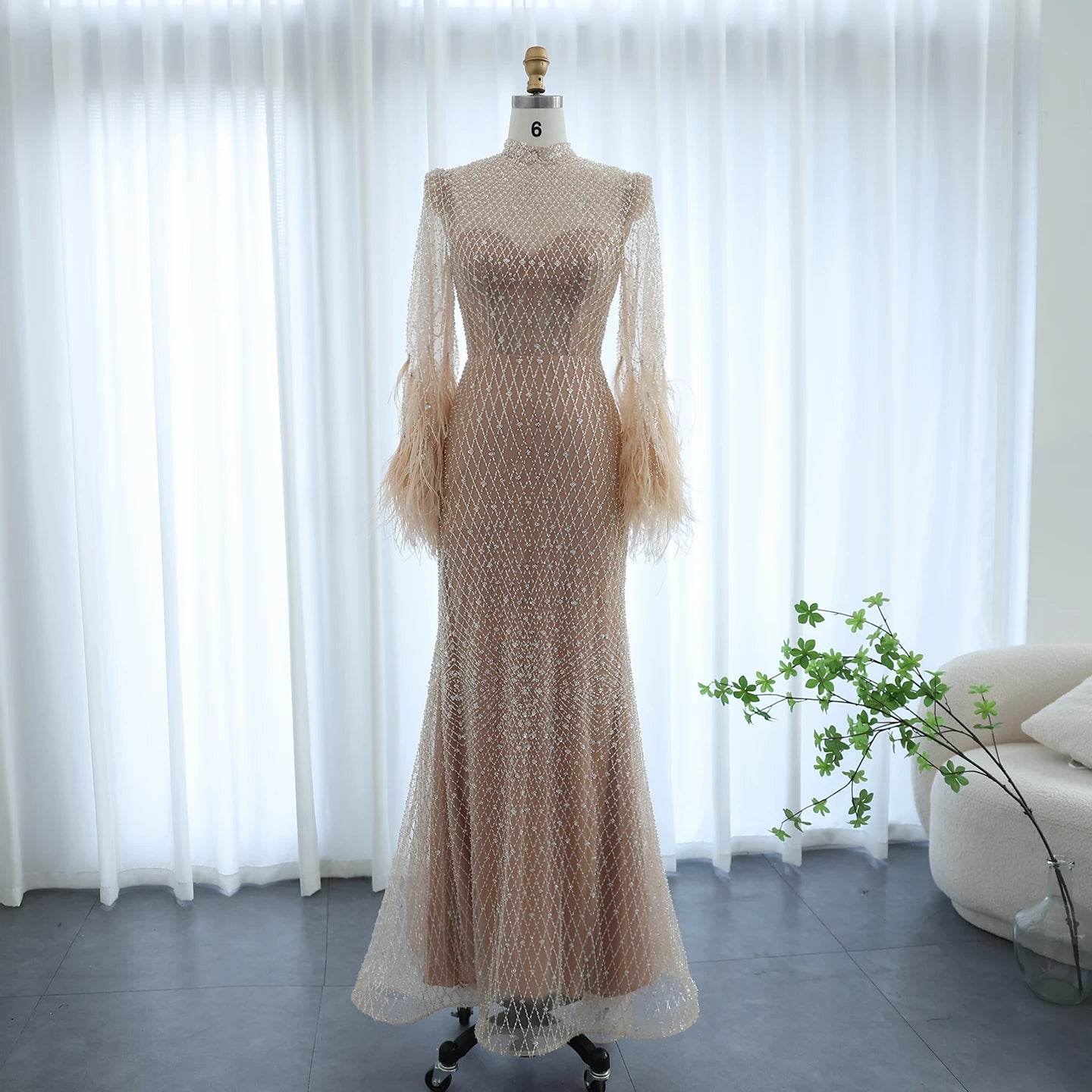 Sharon Said Luxury Evening Dress - High Neck, Full Sleeve, Beaded Gown - Buy Center US