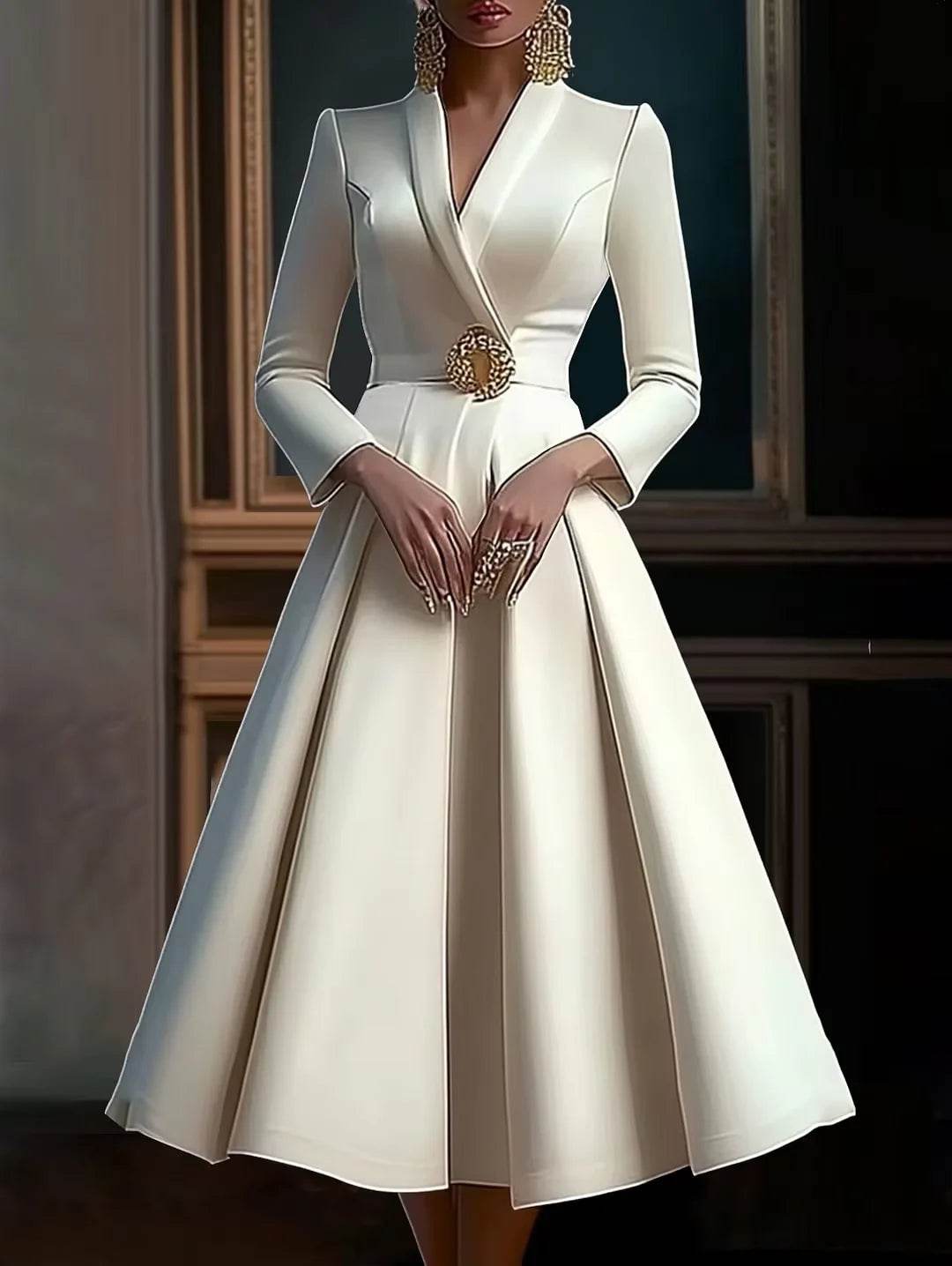 Elegant Women's V-Neck Midi Dress - Long Sleeve Pleated Design - Buy Center US