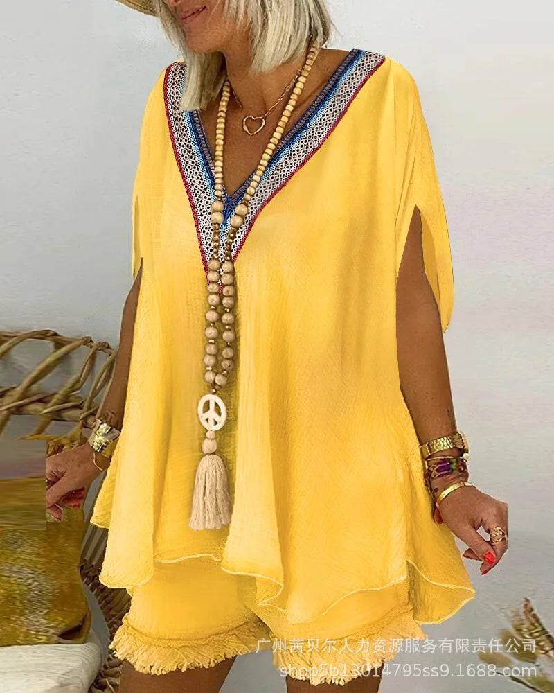 Kalenmos Women's V-Neck Casual Shorts Set - Elegant Y2K Summer Style - Buy Center US