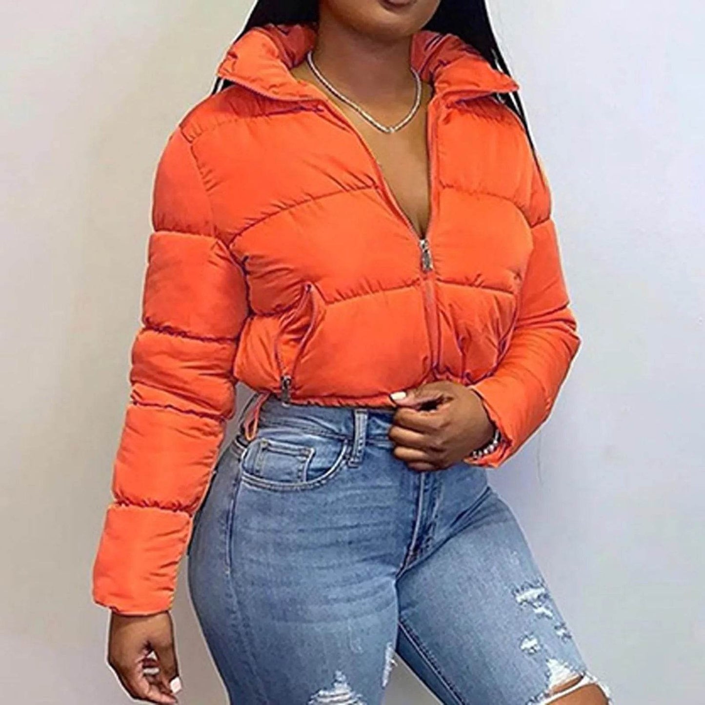 Women's Autumn Winter Stand Collar Padded Cropped Jacket - Zipper - Buy Center US