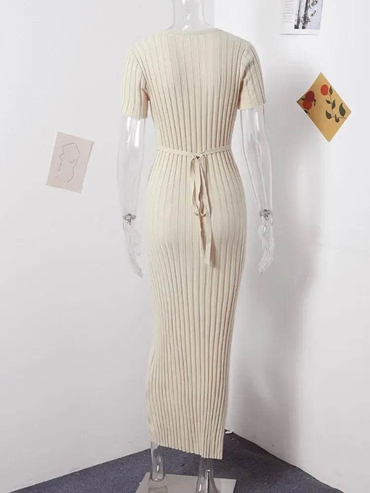 MOXFCIZO Ladies Knitted Short Sleeve Pleated Dress - Spring/Summer Style - Buy Center US