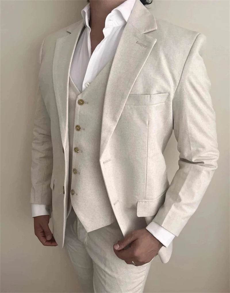 Tunetak Men's 3-Piece Linen Suit - Slim Fit Beige Blazer & Vest Set - Buy Center US