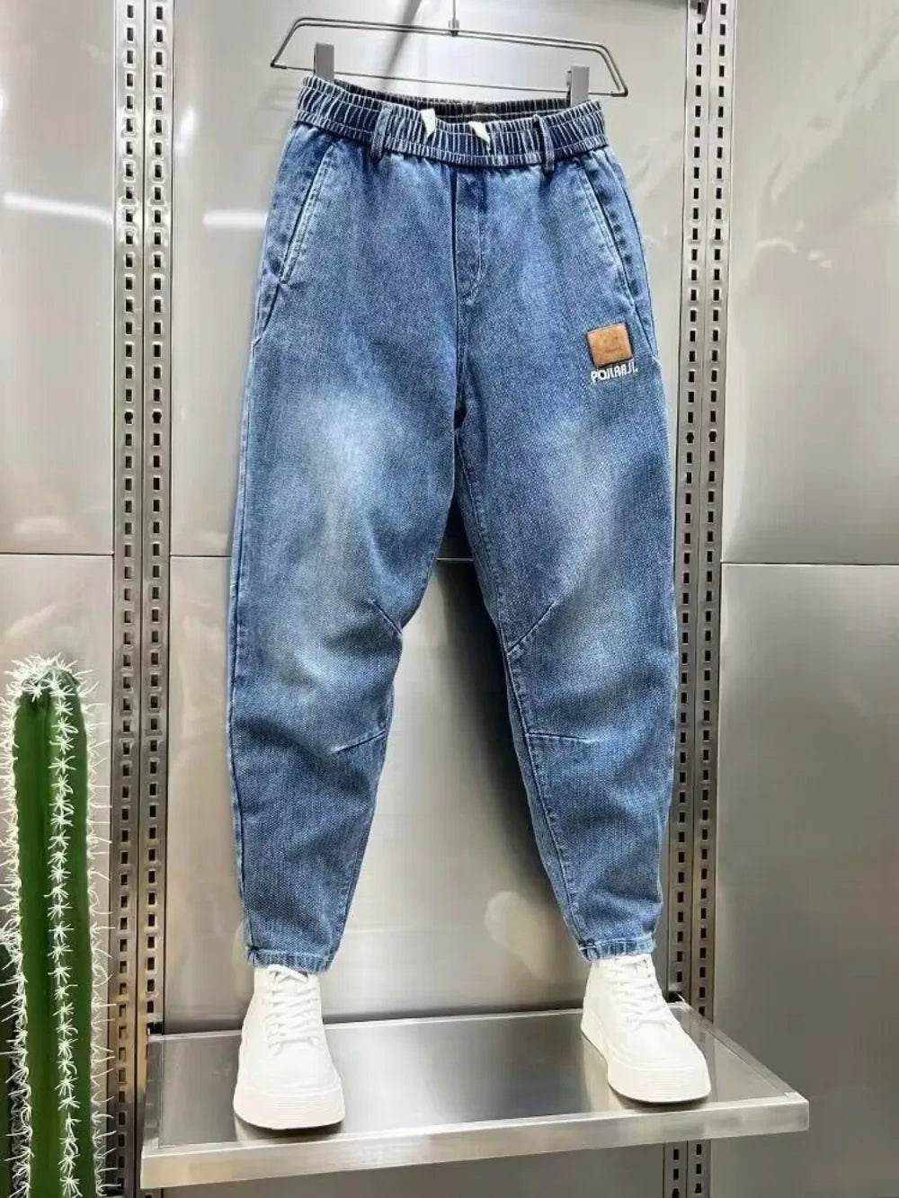 Korean Fashion Men’s Denim Harem Pants - Embroidered Loose Fit Jeans - Buy Center US