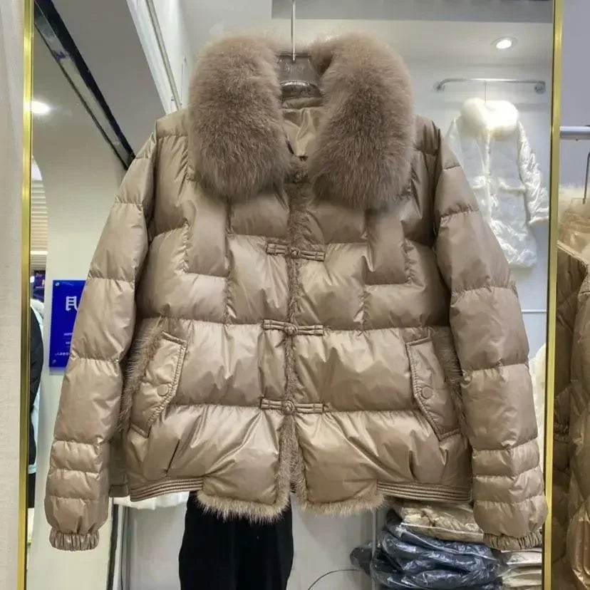 Women's White Duck Down Puffer Jacket - Real Fox Fur Collar Coat - Buy Center US