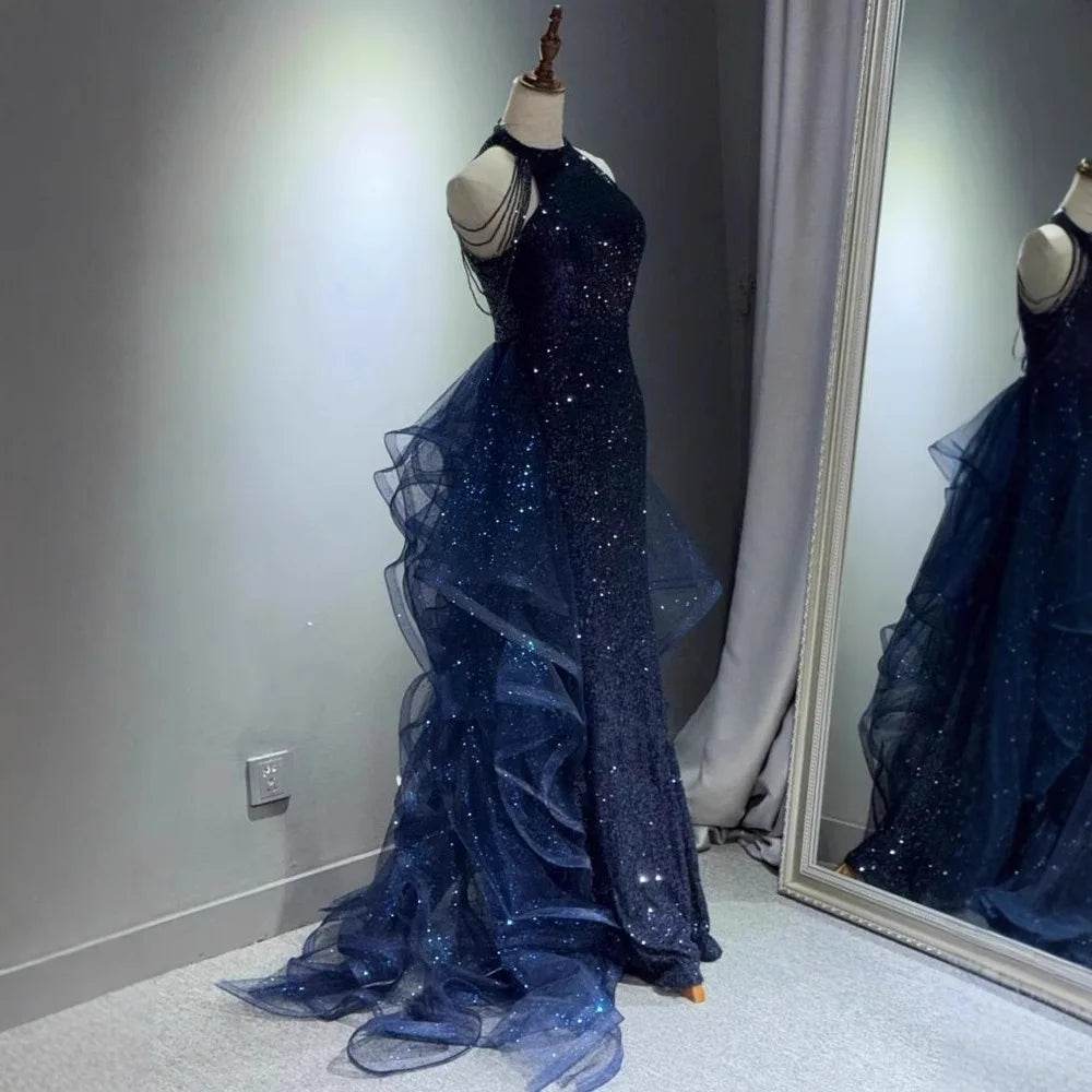 Jeheth Elegant Navy Blue Evening Dress - Customized Sweep Train Gown - Buy Center US
