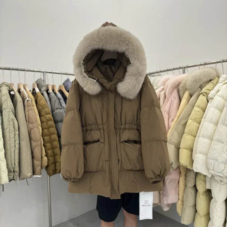 LAJWMPLX Women’s Winter Puffer Coat - Real Raccoon Fur Hood, Waterproof - Buy Center US