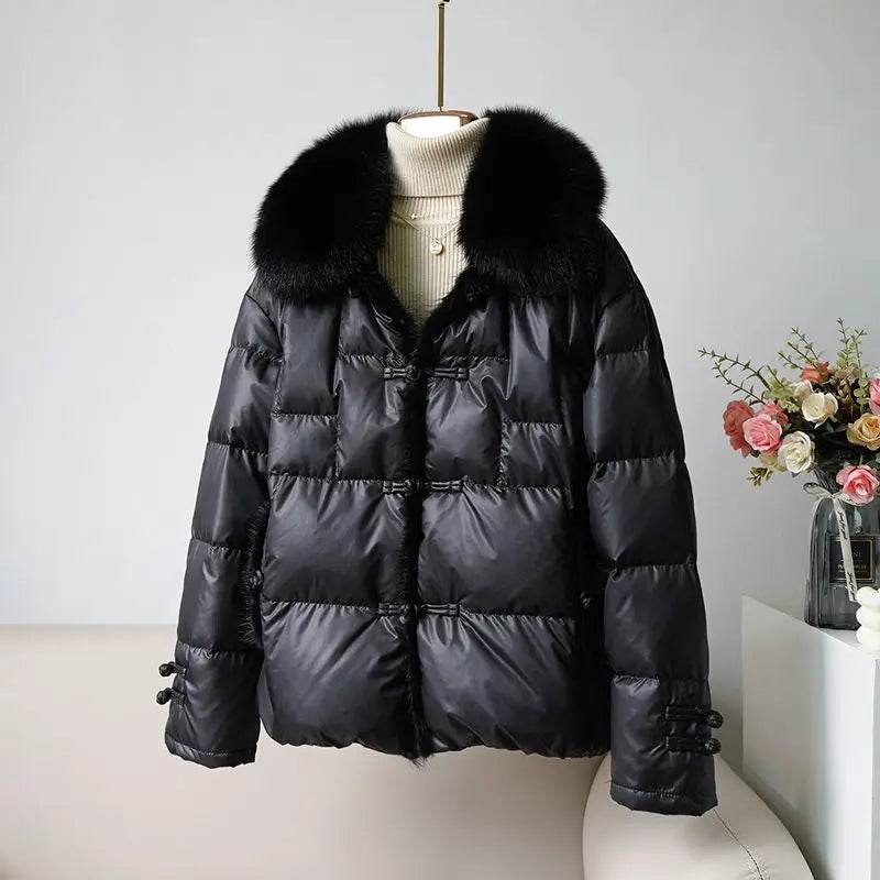 Vintage Chinese Style Duck Down Coat with Fox Hair Collar for Women - Buy Center US