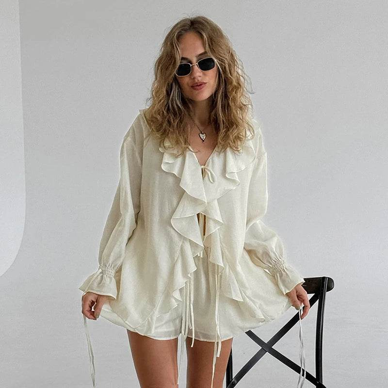 Tornova Women's Ruffled Shorts Set - V Neck Lace Up Casual Style - Buy Center US