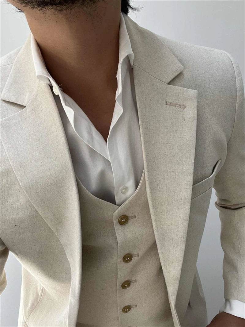 Tunetak Men's 3-Piece Linen Suit - Slim Fit Beige Blazer & Vest Set - Buy Center US