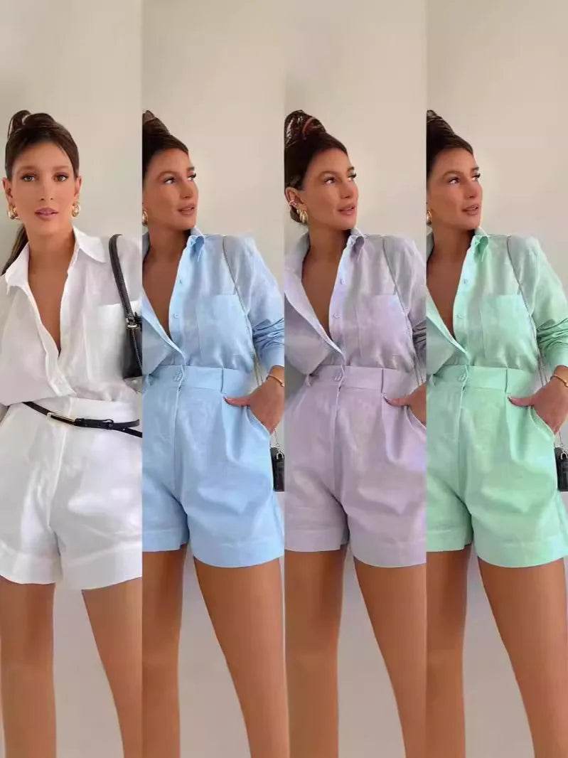 Women's Casual 2-Piece Summer Outfit - Button Detail & Shorts - Buy Center US