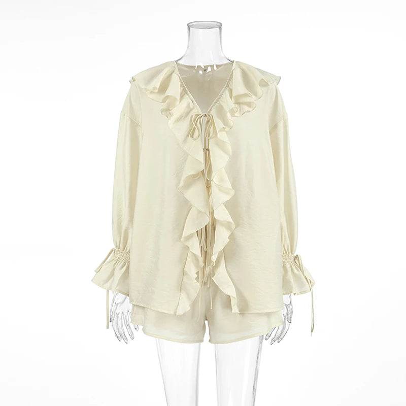 Tornova Women's Ruffled Shorts Set - V Neck Lace Up Casual Style - Buy Center US