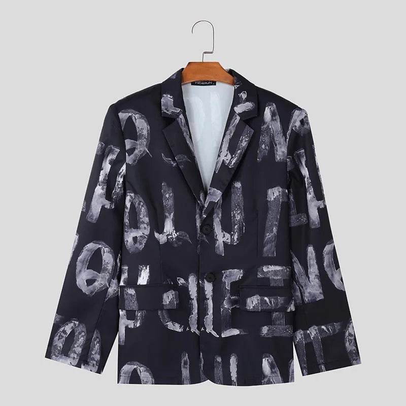 INCERUN Men's Casual Hand-Drawn Letter Design Blazer - Stylish Lapel Jacket - Buy Center US