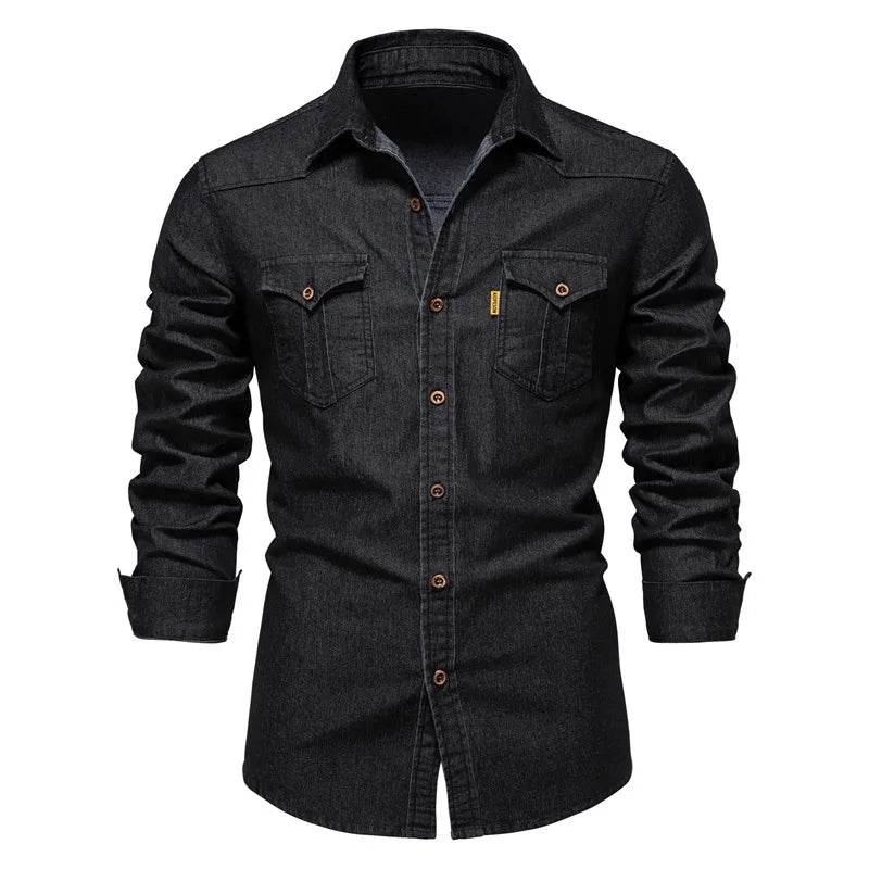 High-Quality Cotton Denim Shirt - Men's Slim Fit Casual Long Sleeve - Buy Center US